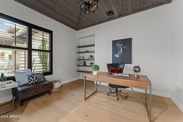 office space with light wood-type flooring and wooden ceiling