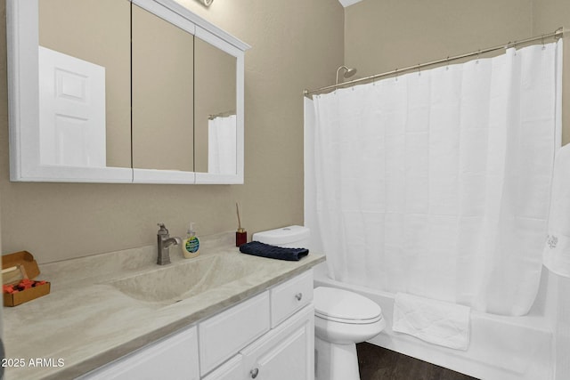 full bathroom with shower / bathtub combination with curtain, vanity, toilet, and wood-type flooring