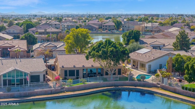 bird's eye view featuring a water and mountain view