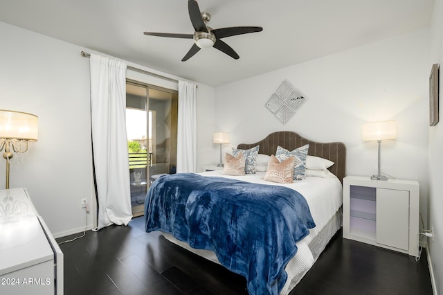 bedroom featuring ceiling fan and dark wood-type flooring