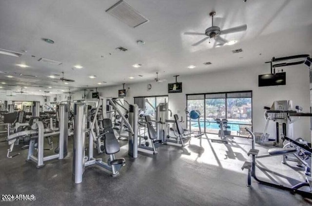 workout area featuring ceiling fan