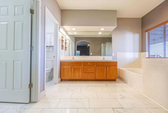 bathroom featuring vanity, a tub, and toilet