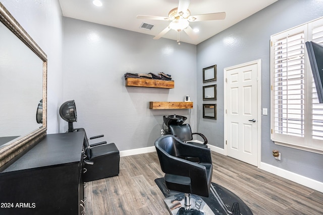 office space with visible vents, wood finished floors, recessed lighting, baseboards, and ceiling fan