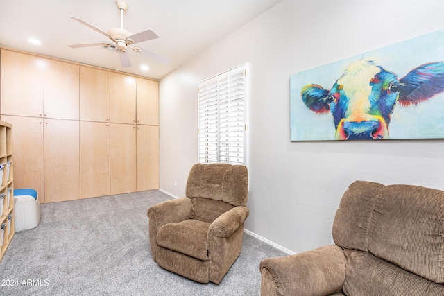 sitting room featuring recessed lighting, baseboards, carpet, and ceiling fan