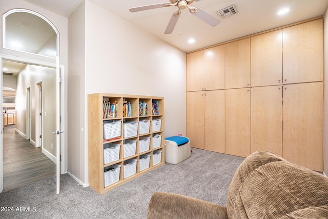 sitting room featuring recessed lighting, visible vents, ceiling fan, and carpet