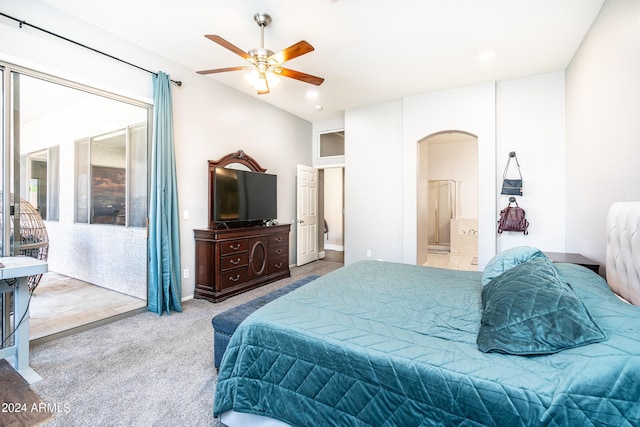 bedroom featuring a ceiling fan, access to outside, connected bathroom, arched walkways, and carpet floors