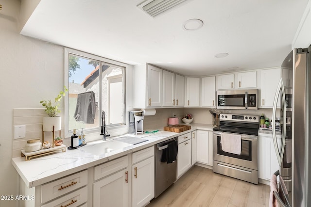 5350 N 3rd Ave, Phoenix, AZ 85013 - kitchen with light stone countertops, light wood-type flooring, white cabinetry, a sink, and appliances with stainless steel finishes