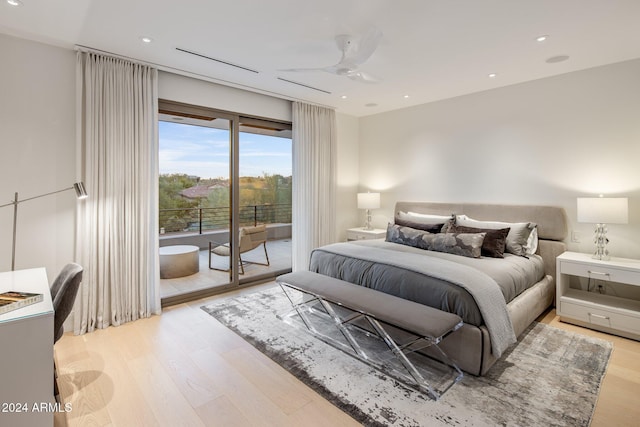 bedroom with access to exterior, light hardwood / wood-style flooring, and ceiling fan