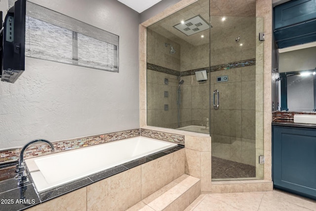 1751 W Mulberry Dr, Chandler, AZ 85286 - bathroom with a garden tub, a shower stall, vanity, tile patterned floors, and a textured wall