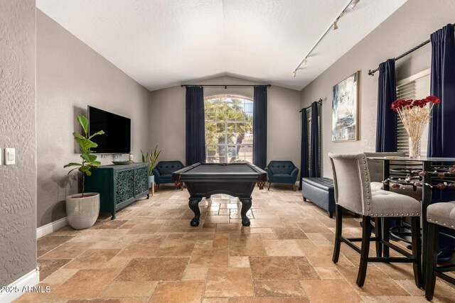 1751 W Mulberry Dr, Chandler, AZ 85286 - rec room featuring stone tile flooring, vaulted ceiling, pool table, and rail lighting