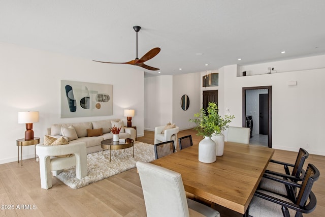 dining area featuring ceiling fan, light wood-type flooring, and recessed lighting