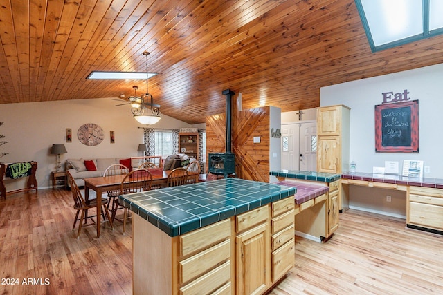 kitchen featuring ceiling fan, a wood stove, wooden ceiling, light brown cabinetry, and tile counters