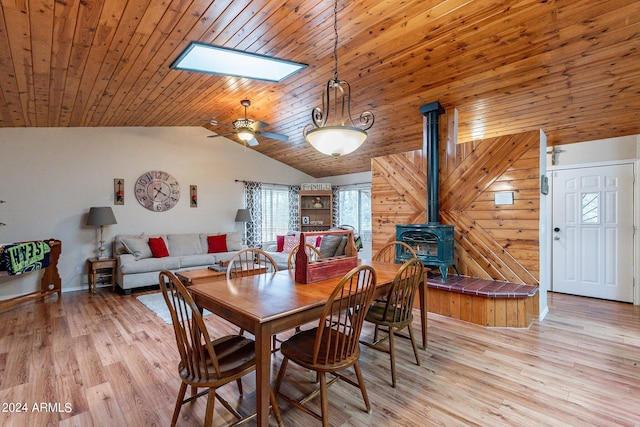 dining area with light hardwood / wood-style flooring, a wood stove, ceiling fan, and wood ceiling