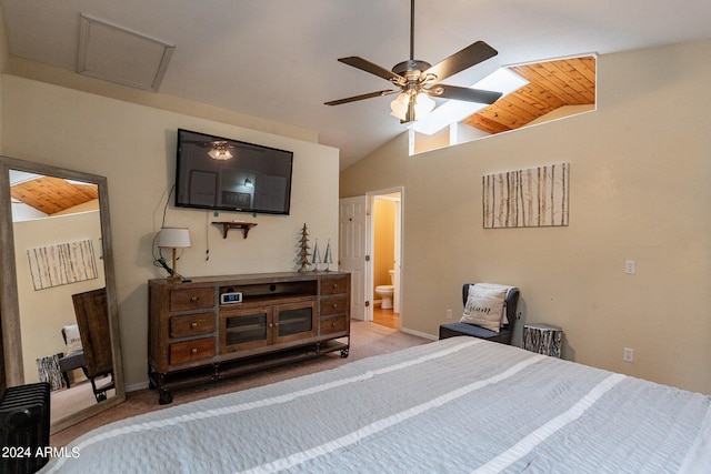 bedroom featuring ensuite bathroom, wooden ceiling, ceiling fan, and high vaulted ceiling