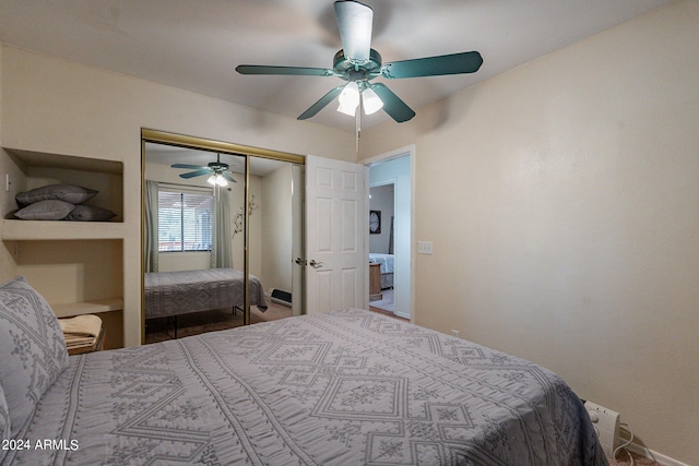 bedroom featuring ceiling fan and a closet