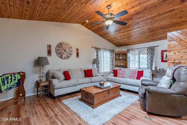 living room with wooden ceiling, ceiling fan, lofted ceiling, and light hardwood / wood-style flooring