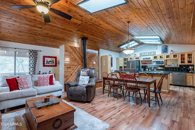 living room with ceiling fan, wood walls, light hardwood / wood-style floors, a skylight, and wood ceiling