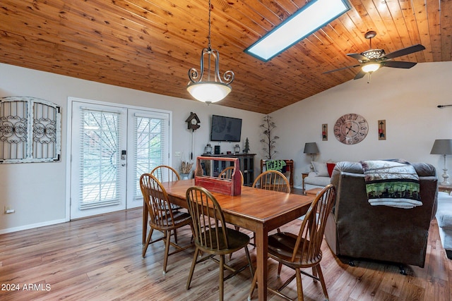 dining space with wooden ceiling, ceiling fan, lofted ceiling with skylight, and light hardwood / wood-style floors