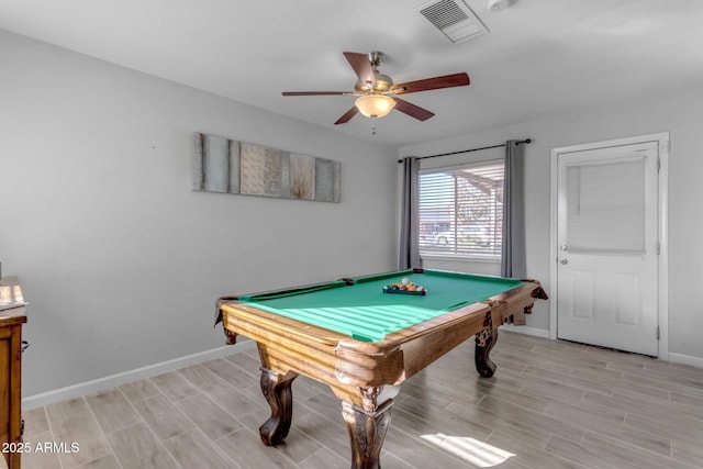 rec room with ceiling fan and pool table