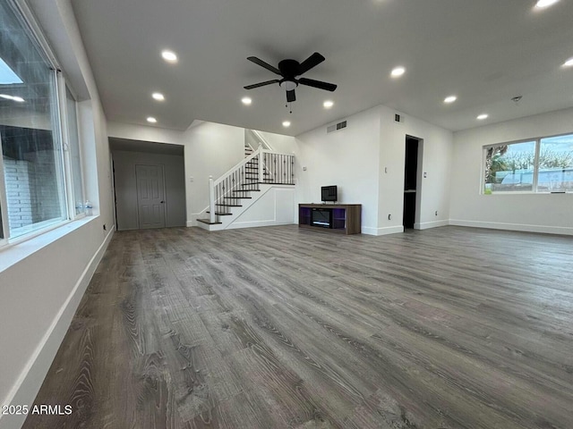 5431 W Cholla St, Glendale, AZ 85304 - unfurnished living room with recessed lighting, stairway, visible vents, ceiling fan, and wood finished floors