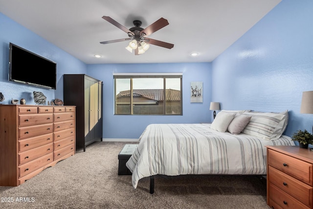 bedroom with carpet, baseboards, ceiling fan, and recessed lighting