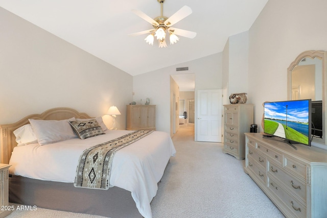 bedroom featuring high vaulted ceiling, light colored carpet, and ceiling fan