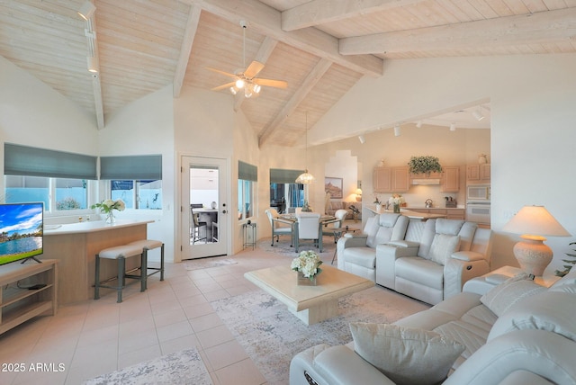 tiled living room with ceiling fan, wood ceiling, high vaulted ceiling, and beamed ceiling