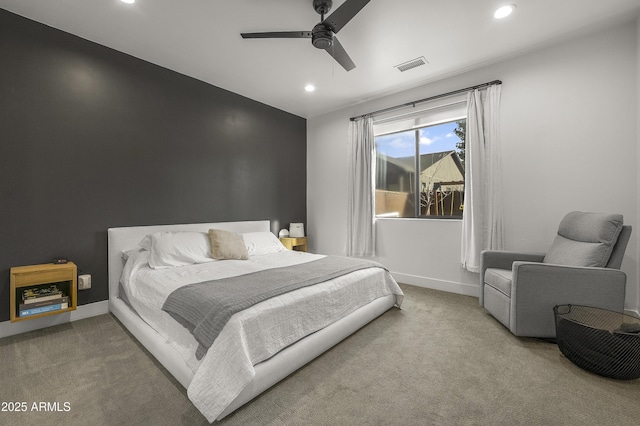 bedroom with carpet flooring, recessed lighting, baseboards, and visible vents