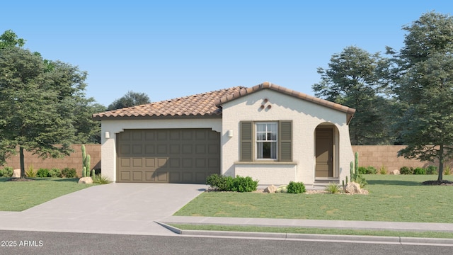 mediterranean / spanish house featuring an attached garage, fence, driveway, stucco siding, and a front lawn