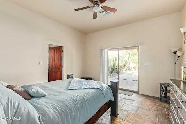 bedroom with ceiling fan and access to outside