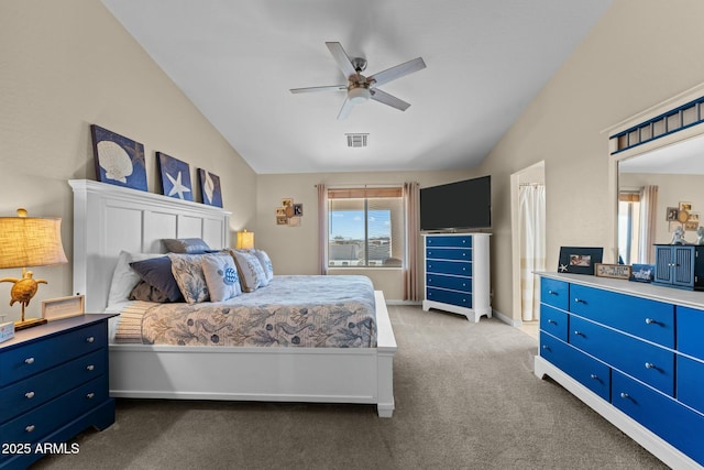 bedroom with lofted ceiling, a ceiling fan, visible vents, and carpet flooring