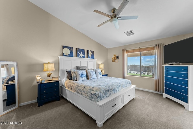 carpeted bedroom featuring vaulted ceiling, ceiling fan, visible vents, and baseboards