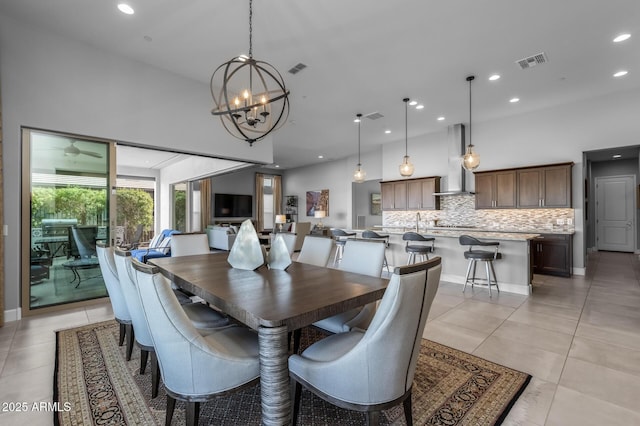 dining room featuring recessed lighting, visible vents, a chandelier, and light tile patterned flooring