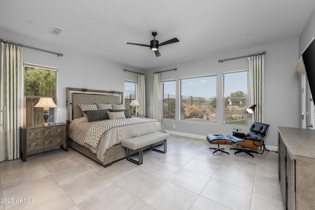 bedroom with light tile patterned flooring, visible vents, baseboards, and multiple windows