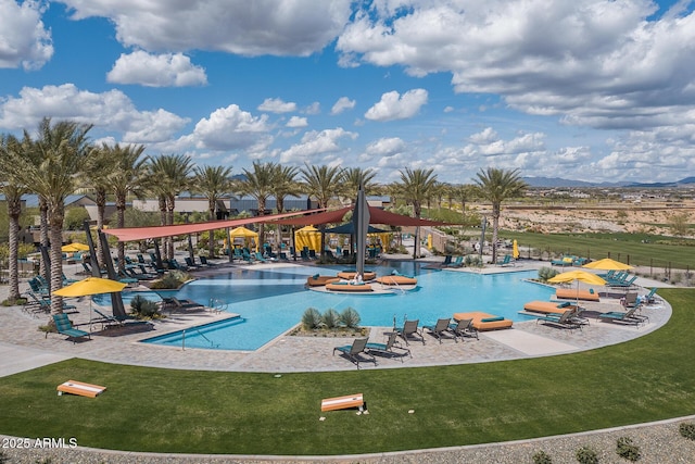 pool with a yard, a patio area, and fence