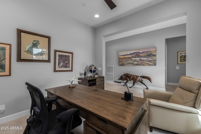 office with a ceiling fan, recessed lighting, visible vents, and baseboards