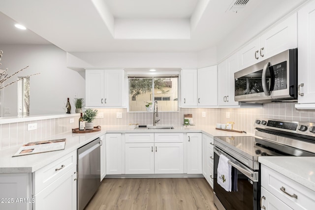 kitchen featuring stainless steel appliances, a peninsula, a sink, light countertops, and a raised ceiling