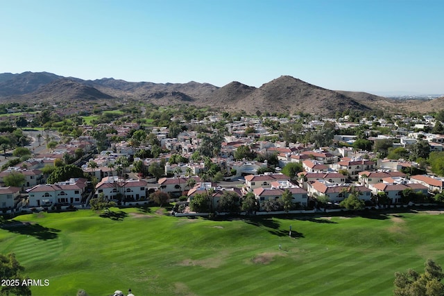 birds eye view of property featuring a residential view, a mountain view, and golf course view