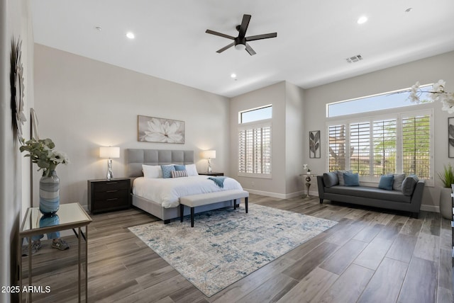 3045 W Feather Sound Dr, Phoenix, AZ 85086 - bedroom with baseboards, recessed lighting, wood finished floors, and ceiling fan