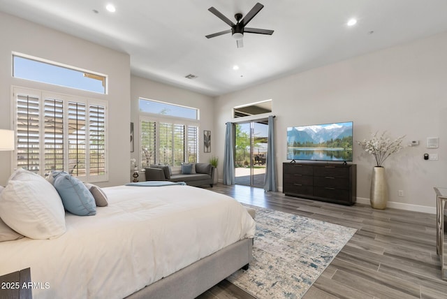 3045 W Feather Sound Dr, Phoenix, AZ 85086 - bedroom featuring access to outside, recessed lighting, wood finished floors, a ceiling fan, and baseboards