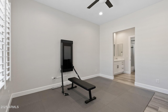 3045 W Feather Sound Dr, Phoenix, AZ 85086 - workout room featuring ceiling fan, baseboards, wood finished floors, and recessed lighting
