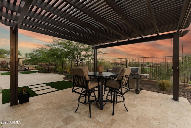 3045 W Feather Sound Dr, Phoenix, AZ 85086 - patio terrace at dusk with a pergola, a patio, and outdoor dining area