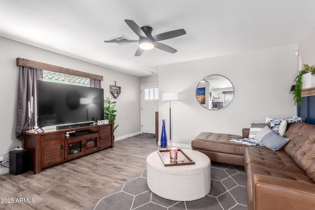 living room featuring hardwood / wood-style flooring and ceiling fan