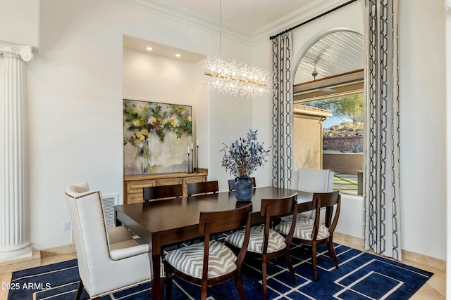 11320 N Crestview Dr, Fountain Hills, AZ 85268 - dining room with ornate columns, ornamental molding, a notable chandelier, and a wealth of natural light