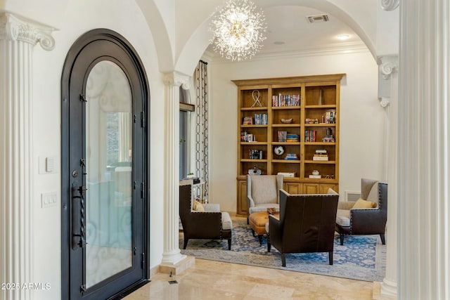 11320 N Crestview Dr, Fountain Hills, AZ 85268 - living area with visible vents, arched walkways, ornamental molding, and a chandelier