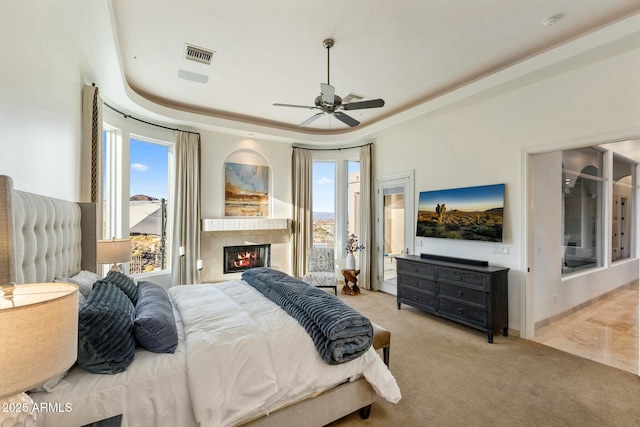 11320 N Crestview Dr, Fountain Hills, AZ 85268 - bedroom featuring access to outside, a raised ceiling, visible vents, and light colored carpet