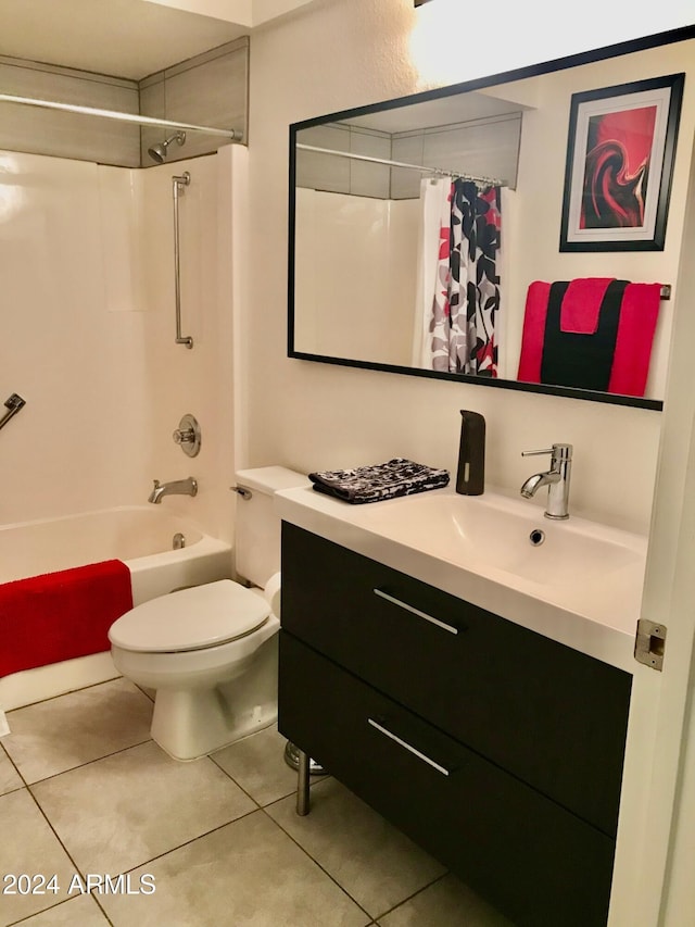 full bathroom featuring tile patterned flooring, vanity, shower / bathtub combination with curtain, and toilet