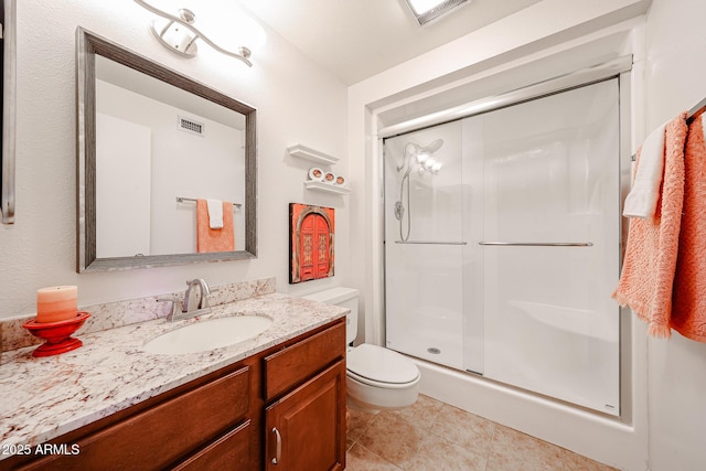 bathroom with visible vents, toilet, tile patterned flooring, vanity, and a shower stall