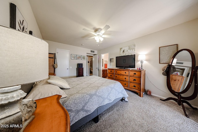 carpeted bedroom with a ceiling fan, visible vents, and baseboards