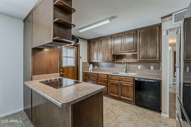 2432 W Echo Ln, Phoenix, AZ 85021 - kitchen featuring black appliances, open shelves, tasteful backsplash, dark brown cabinets, and light countertops